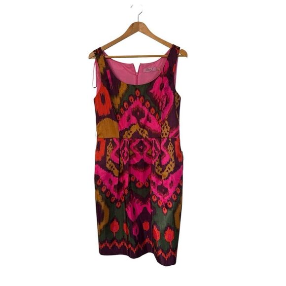 Nordstrom Eliza J NWT Ikat Print Sleeveless Dress 12 Pink Green Gold Fit & Flare - Picture 2 of 12